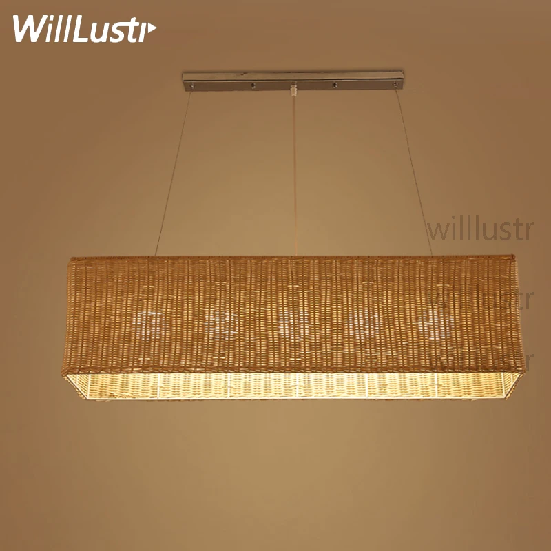 

Willlustr rectangle handmade wicker pendant lamp dinning living room suspension light hotel hall restaurant bar hanging lighting