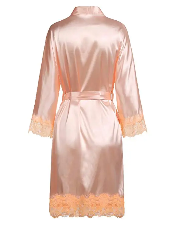 Sexy Ladies\' Lace Satin Robe Gown Solid Soft Nightgown Nightwear Kimono Bathrobe Sleepwear Wedding Bride Bridesmaid Robes