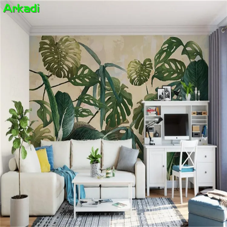 Southeast Asia Theme Hotel Wallpaper KTV Hotel Restaurant Background Wallpaper Tropical Rainforest Banana Leaf Custom Mural