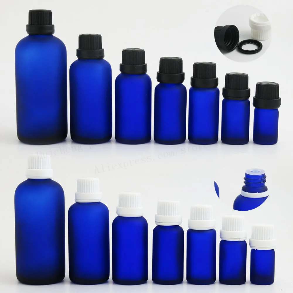 12pcs Frost Blue Glass Essential Oil Bottles With Reducer Plastic Tamper Evident Lids 5ml 1/3oz 1/2oz 2/3oz 1oz 50ml 100ml