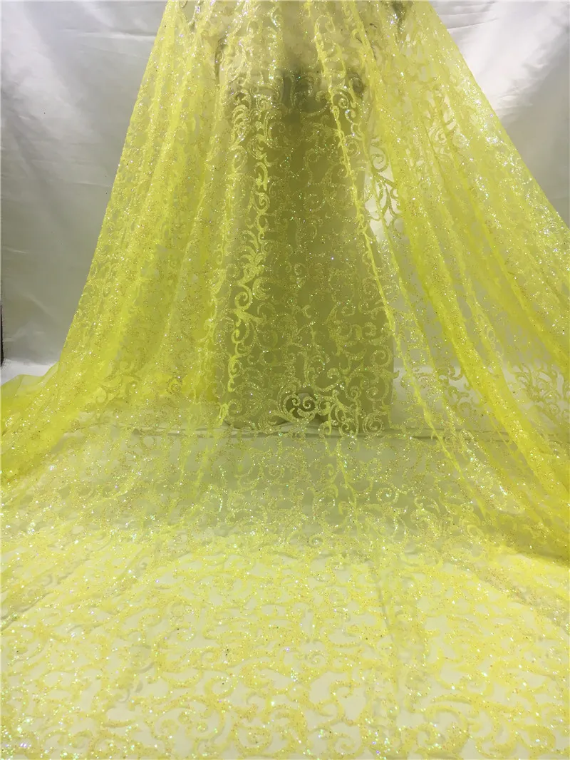 Bright yellow color shining glued glitter sequins lace fabric african tulle mesh fabric for wedding dress/evening dress  H-48