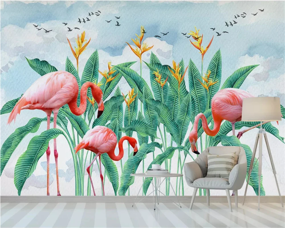 

beibehang Custom wallpaper Silk material 3d wallpaper tropical leaves flamingo watercolor sky bedroom background wall wallpaper