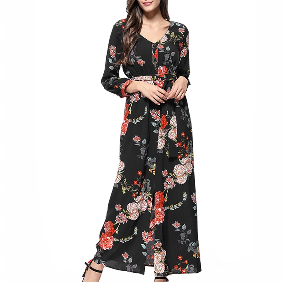 Summer Print Chiffon Bohemian Dresses Women Beach V-Neck Wrist Sleeve Sashes Pocket Slit Long Party Dress Boho Vestidos 2019