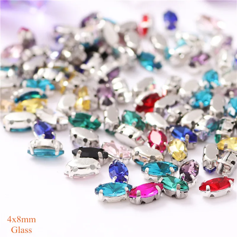 New 4x8mm Glass Sew on rhinestone Hose Eye shape witn Silver claw Crystal for diy clothing accessories