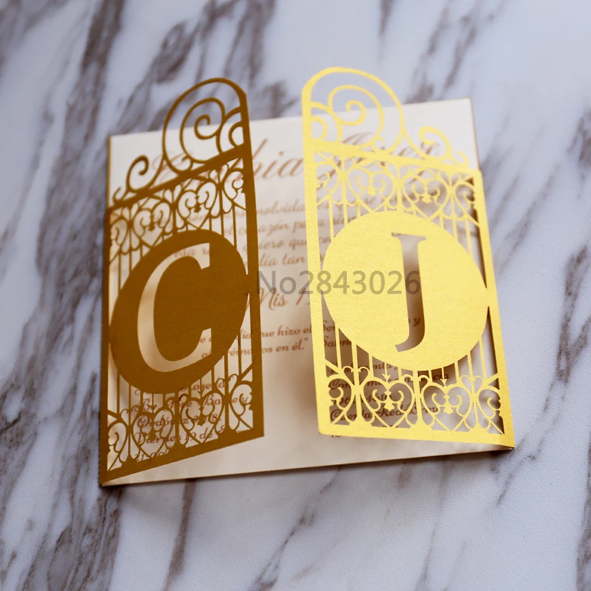 50pcs Gold Celtic Gate Laser Cut Wedding Invitation,Great Gatsby style invitations, personalized gate folded cards