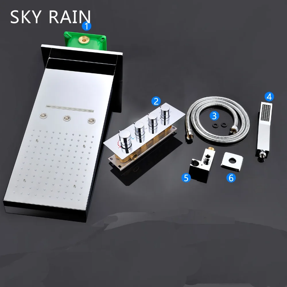 Wall Mounted Rainfall Waterfall 22 Inches Shower Head System LED Shower Faucet Set Thermostatic Mixer Kit