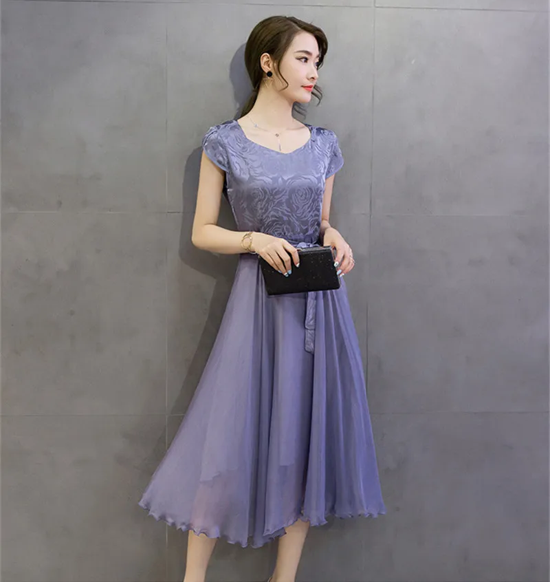2020 Summer New Fashion V-neck and Short Sleeve Slim Fashion Office Lady Dresses Elegant Solid Silk Female Dress RE2313