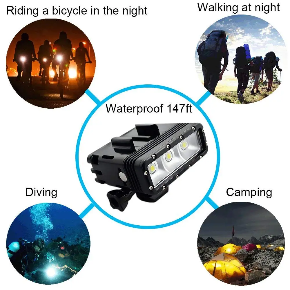 Bateria dupla Mergulho Flash Light, Subaquática Led Fill Light, Acessórios para Gopro Hero Max 10, 9, 8, 7, 6, 5, 4 Sessão, 3 +, Insta360, R, X2