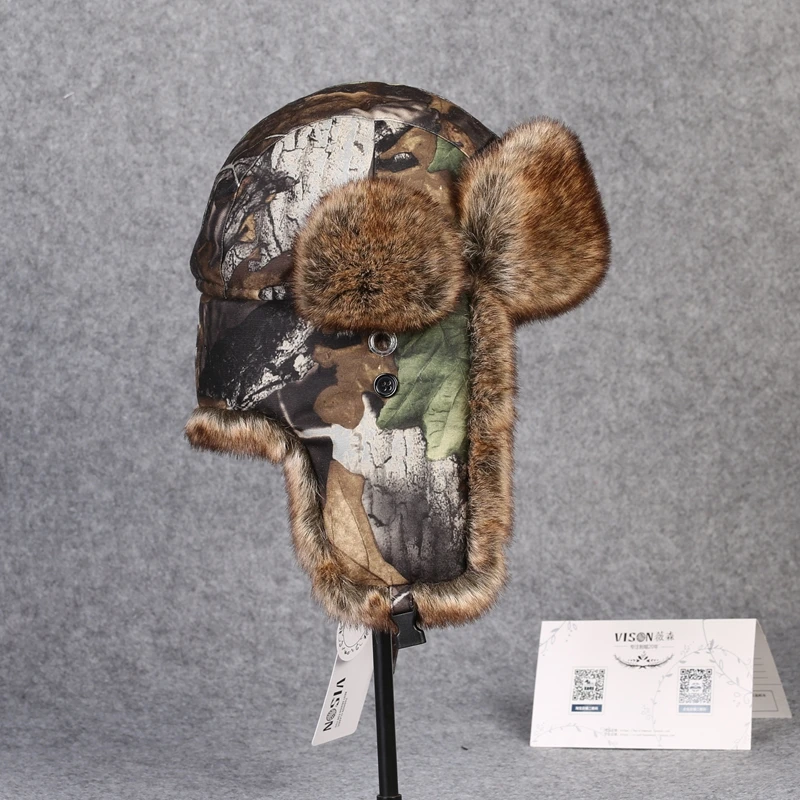 B-8434 Man Bomber Hat Faux Rabbit Fur Russian Ushanka Earflap Aviator Trapper Adult Winter Warm Snow Ski Cap