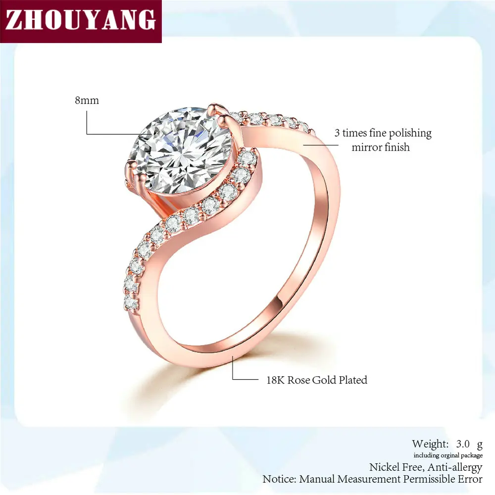 ZHOUYANG Wedding Rings For Women Classic Vivid 8mm Clear / Red Cubic Zirconia Rose Gold Color Fashion Jewelry Gift R389 R399