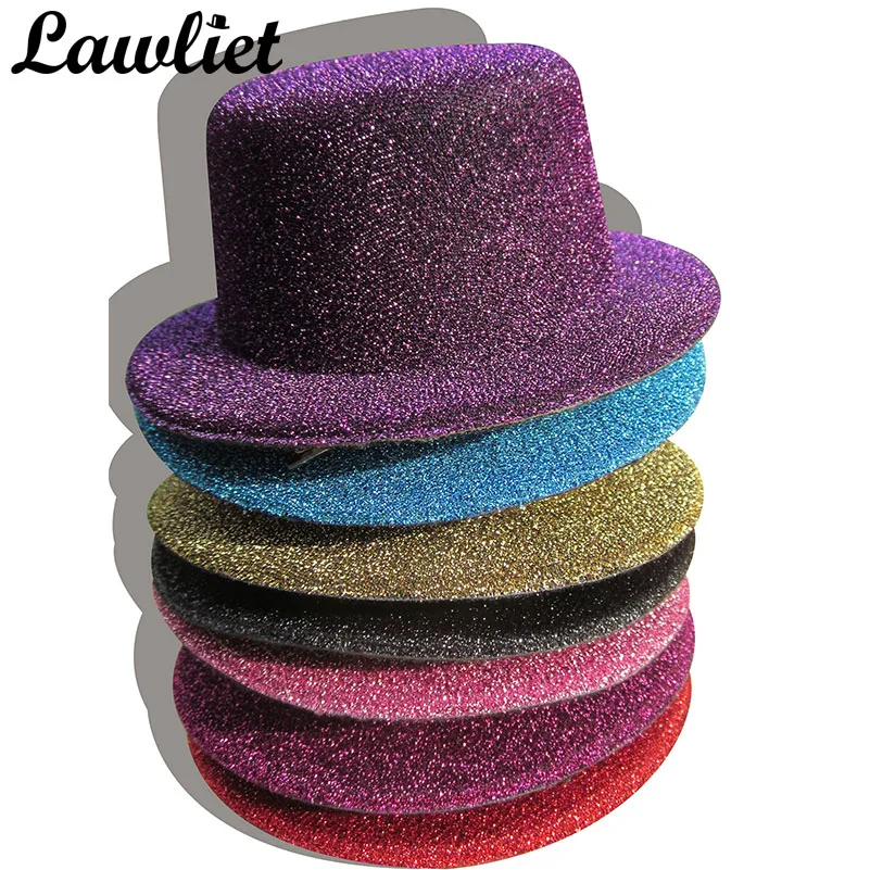 10pcs Glitter Mini Flat Top Hats for Women Fascinator Hats Hen Party Felt Craft Hat Base Alligator Hair Clips DIY A010