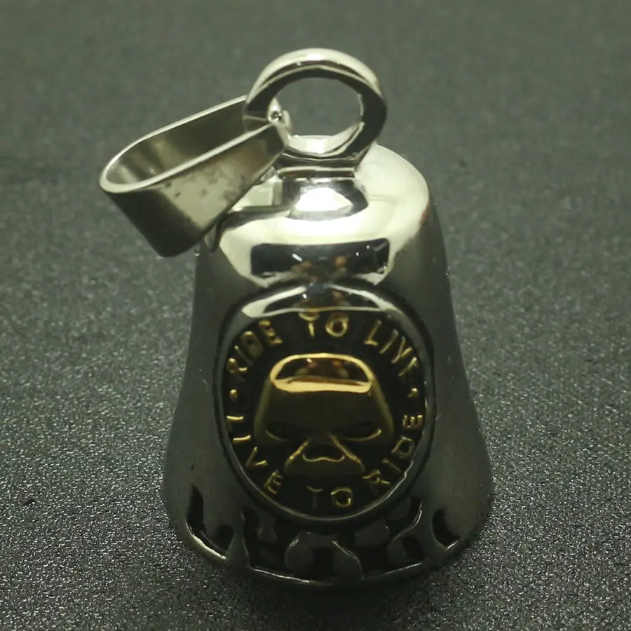 Cool Biker Jingle Bell 316L Stainlesss Steel Ghost Rider Flaming RIDE TO LIVE-LIVE TO RIDE Seketon Pendant