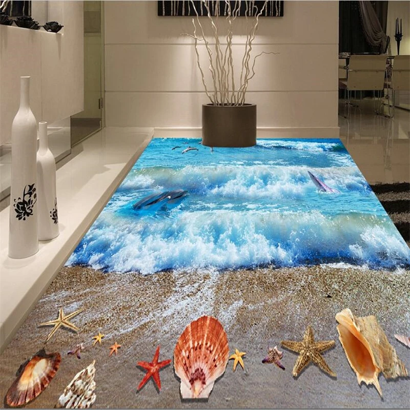 wellyu Custom wallpaper 3d summer beach starfish dolphin flooring decoration drawing living room self-adhesive 3d flooring tiles