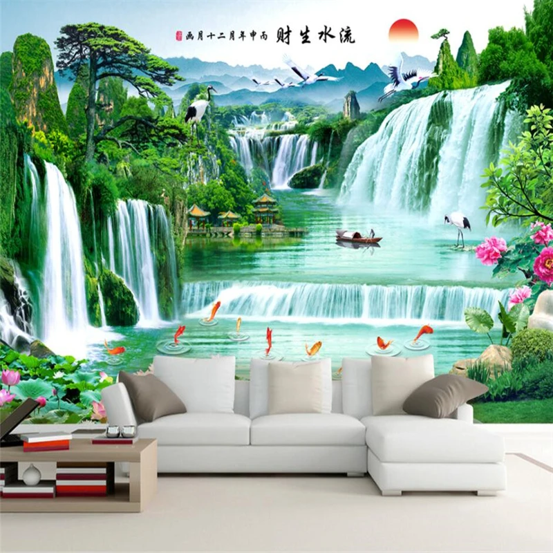 

beibehang Chinese beautiful real water wealth landscape painting TV background wall custom large mural wallpaper papel de parede