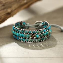 Women and Men Handmade 3 Row Wide Wrap Around Blue Turquoise Adjustable Bracelet Jewelry