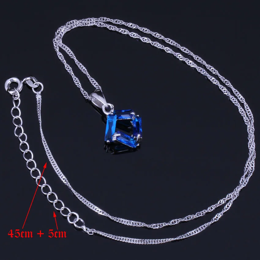 Charismatic Quadrilateral Blue Cubic Zirconia Silver Plated Jewelry Sets Earrings Pendant Chain Ring V0973