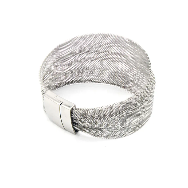 Magnetic Clasp Stainless Steel Wide Mesh Bracelets For Women Jewelry Silver Color 1 Piece