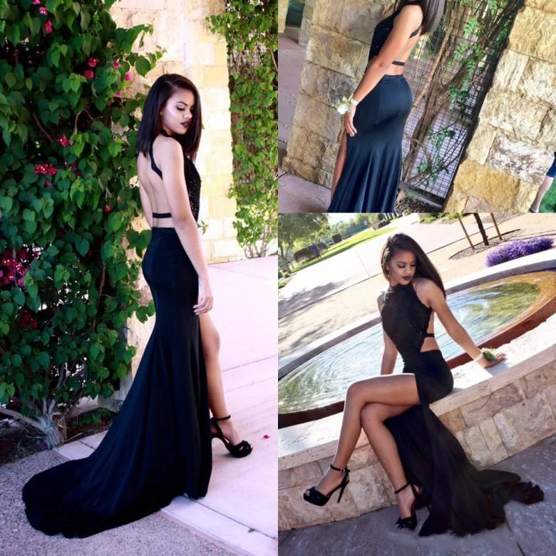 High Neck Meerjungfrau Prom Kleider Schwarz Cutaway Seiten Backless Brautjungfer Kleid Side Split Sexy Lange Kleider Für Formale Partei