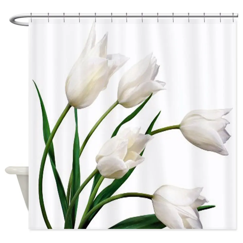 

White Tulip Fabric Polyester Waterproof Shower Curtains Bathroom Curtains Decoration