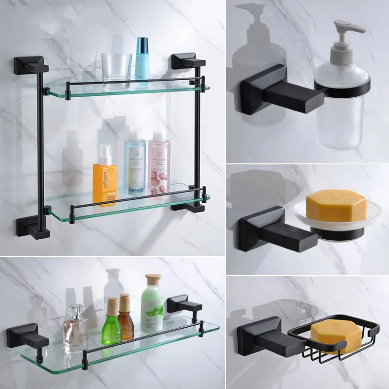 Newest Matte Black brass 5-Piece Bathroom Hardware Accessory Set glass shelf Soap dispenser basket Soap dish