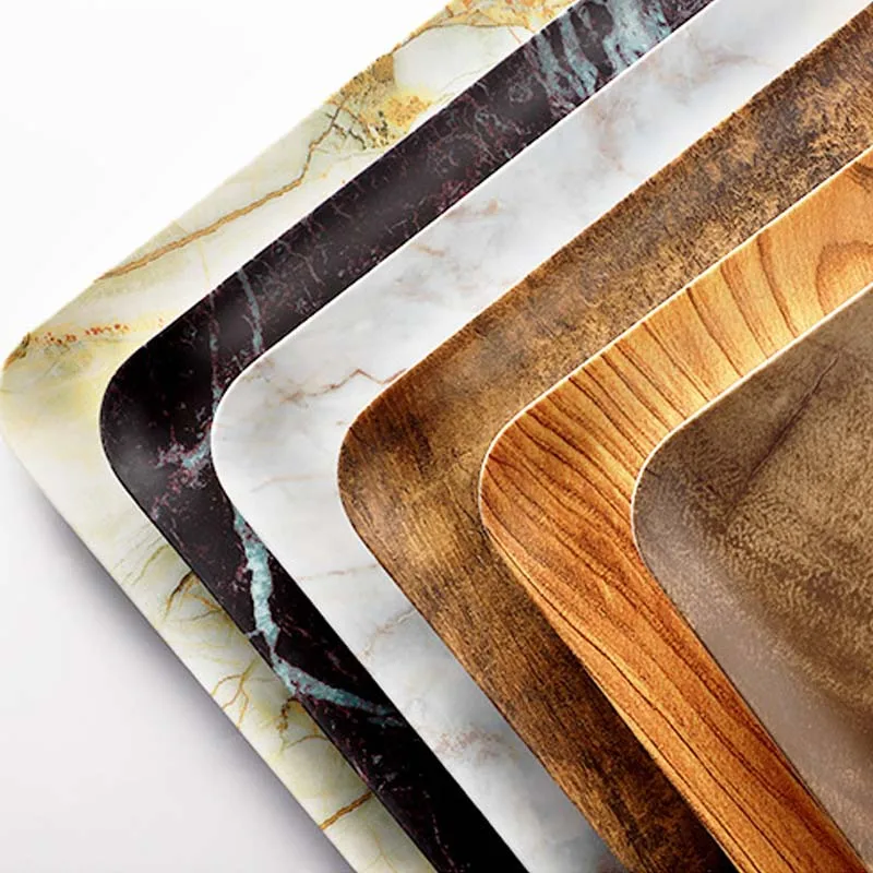 JINSERTA Marbled Storage Tray Melamine Dessert Fruit Cake Plate Retro Breakfast Bread Tableware Restaurant Hotel Serving Tray