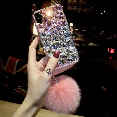 For Samsung Galaxy S25 S24 S23 S22 Ultra S21 S20 Plus Note20 Case Women Rhinestone Bling Crystal Diamond Cover With Fox Fur Ball