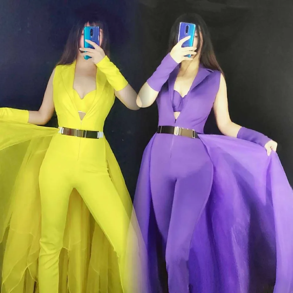 Nightclub Lady Singer Leotard Star Wear Sexy Deep V-neck Sleeveless Jumpsuit Purple Yellow Mesh Trailing Bar Party Host Costume