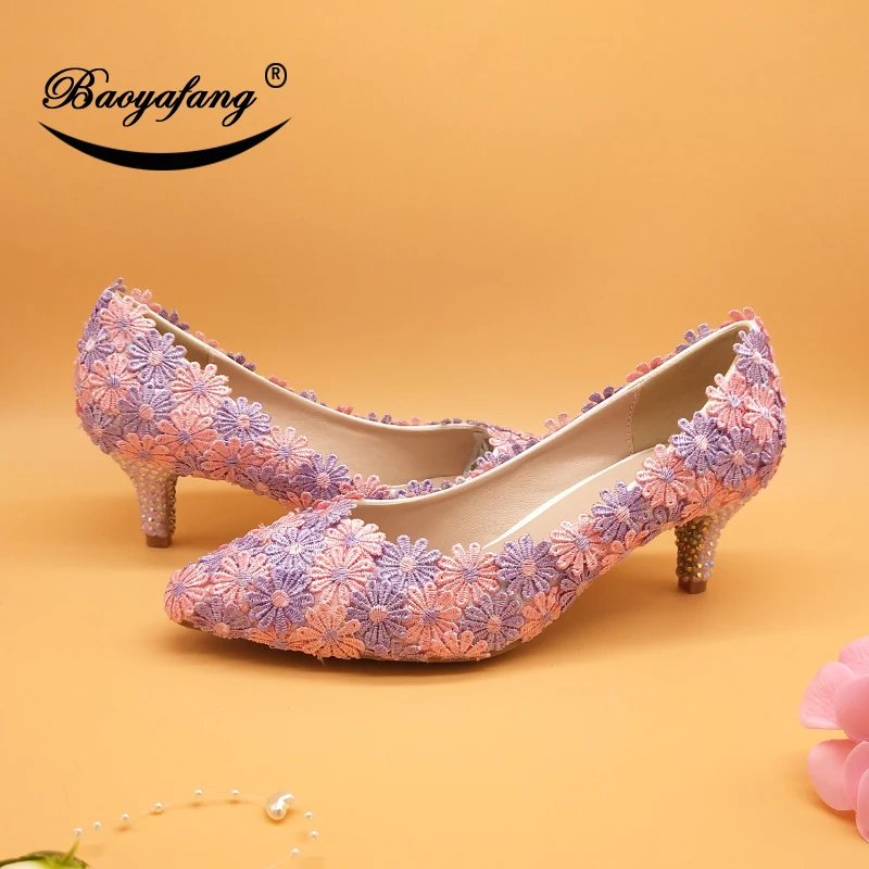 BaoYaFang-zapatos de boda con flores rosas y violetas para mujer, calzado de fiesta, zapatos de punta estrecha