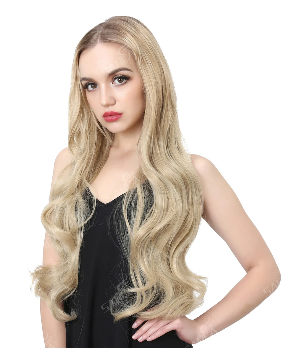 Elegante Premium-Synthetik-U-Teil-Perücke, halb nach oben, halber Unten und Kopf, 3/4 Clip in lockigen, schwarzen, blonden, dunkelbraunen Haarverlängerungen, 76,2 cm – Detail 11