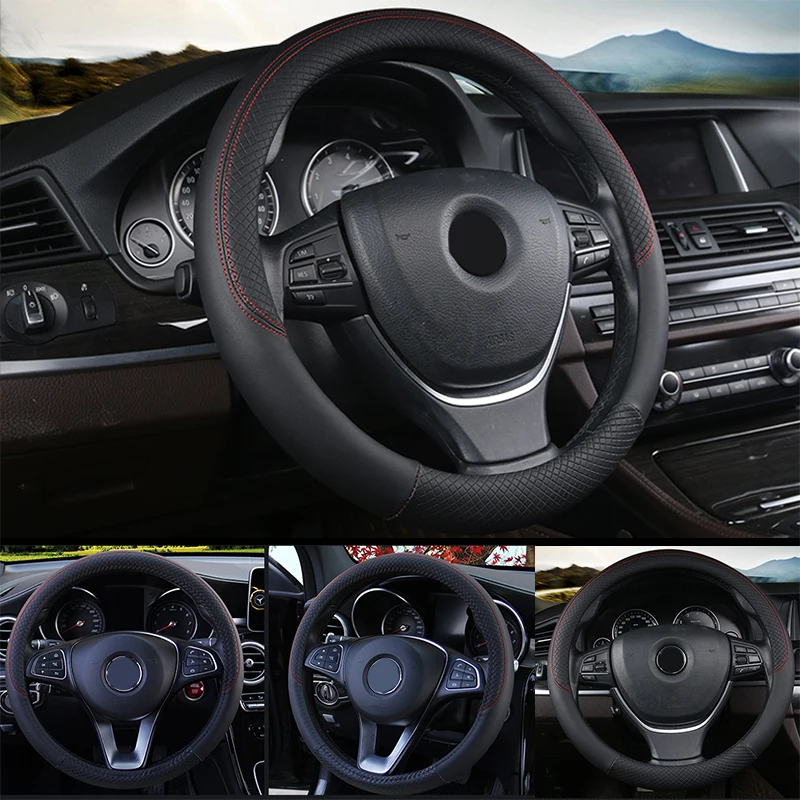 SEAMETAL 38cm Steering Wheel Cover PU Leather Anti Slip Steer Wheel Protector Breathable Fiber Braid Universal Steering Cover