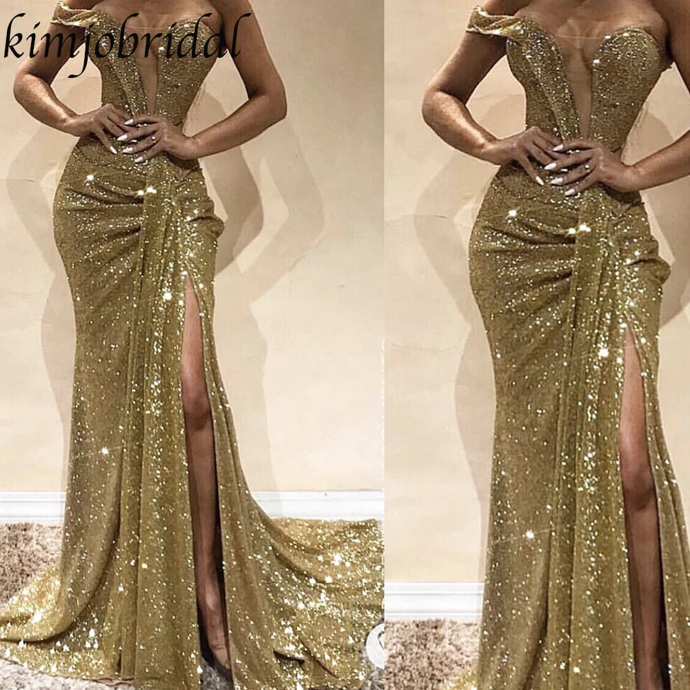 SuperKimJo Sparkly Formal Occasion Dresses Glitter Mermaid Gold Prom Dresses Long Abendkleider Vestidos De Fiesta