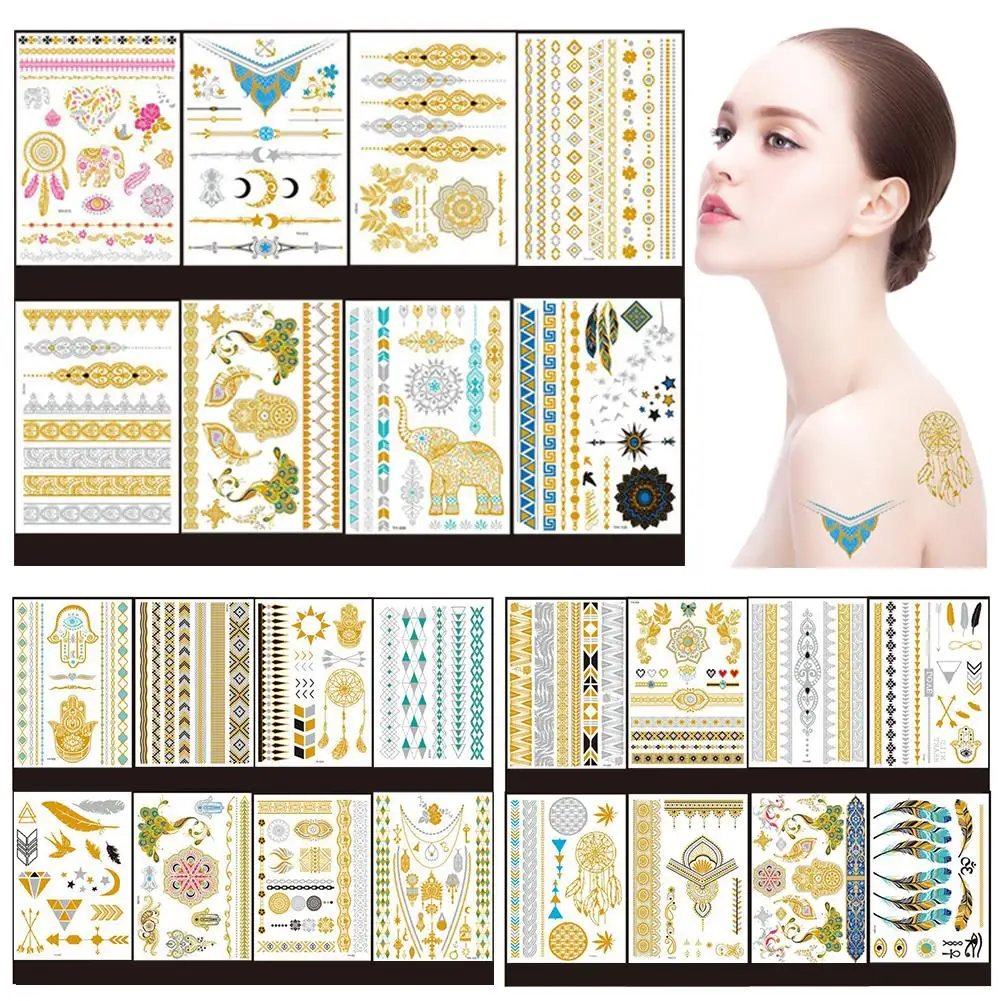 8 Sheets Temporary Tattoos Glitter Shimmer Designs Jewelry Tattoos Metallic Temporary Tattoos for Women Teens Girls