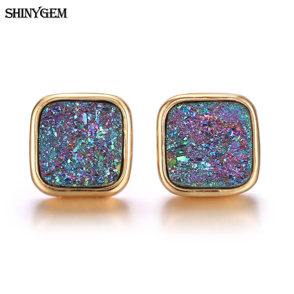 

ShinyGem 10mm Square Druzy Earrings Gold Plating Sparkling Colorful Crystal Earrings Fashion Minimalism Stud Earrings For Women
