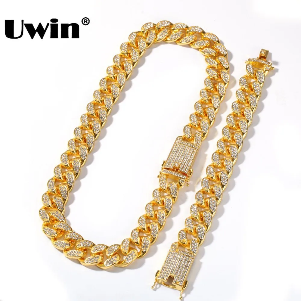 

Uwin 20mm Heavy Miami Cuban Link Chain Necklace & Bracelet Set Full Iced Out Rhinestones Bling Bling Hiphop Jewelry For Men