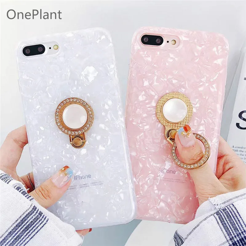 Luxury Glitter Ring Pearl Holder Phone Case For iPhone 14 13 12 11 Pro Max X Xs Xr 7 8 Plus SE2022 Silicone Conch Bling Cover