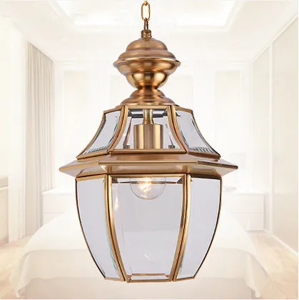 

European hexagonal design copper&crystal glass Pendant lights Handwork soldering E27 LED lamp for porch&pavilion&stairs BRSDD003