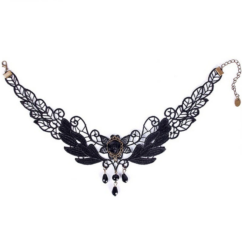 1PC Gothic Jewelry False Collar Statement Necklace Women\'s Style Black Fabric Rose Flower Beads Pendant Choker Lace Necklace