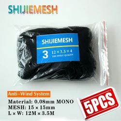 Alta qualidade bolsos enormes profundos monofilamento de náilon 0.08mm 12m x 3.5m 15mm buraco pomar jardim anti pássaro atado névoa net 5 peças