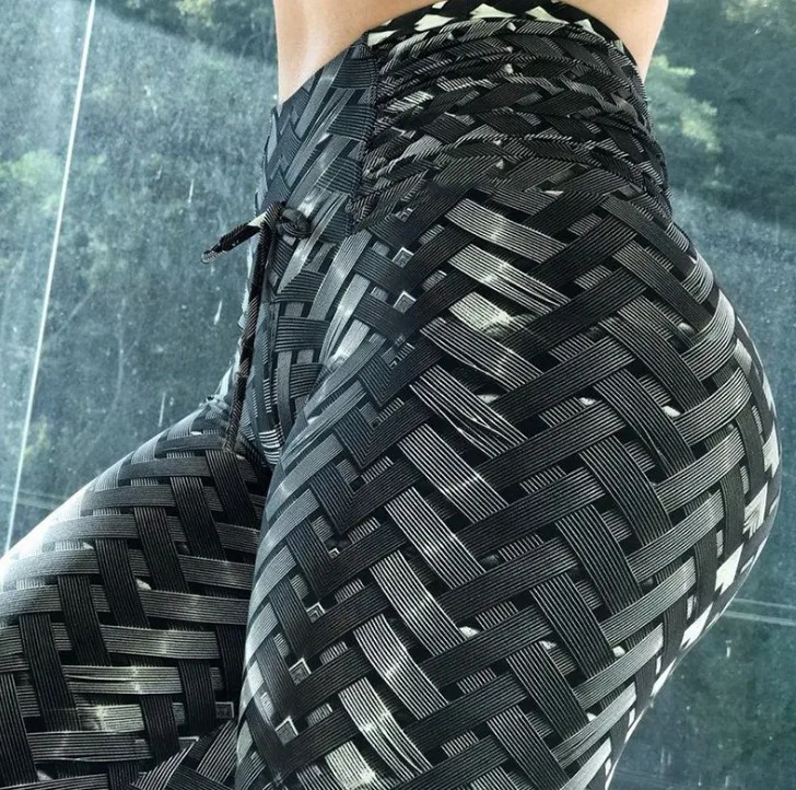 2019 Black Weave Ruched Design Sport Leggins Women Fitness Yoga Pants 3D Gym Tights Sexy Push Up Sporty Leggings Girls Pants