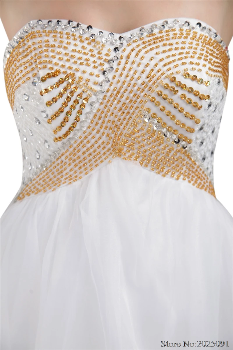 Real Pictures White Short Prom Dress Homecoming Dress 2018 Backless Organza with Gold Beads Mini Cocktail Dress