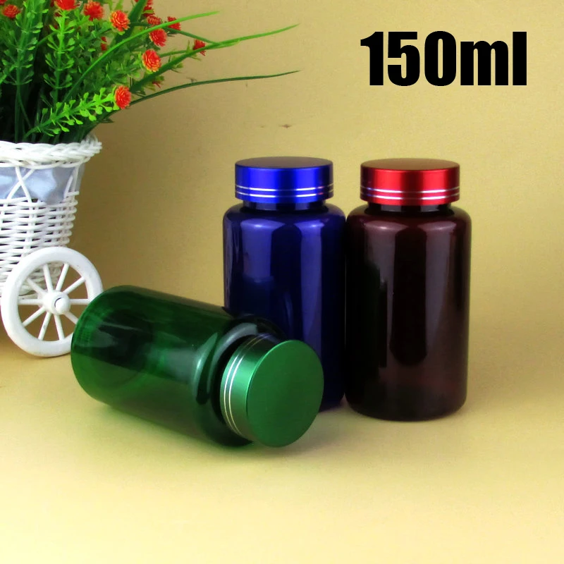 100pcs 150ml Translucent PET Medical Bottles, Medicine/Capsules/Pills/Powder/Vitamin Plastic Bottles--6 Colors Metal Caps