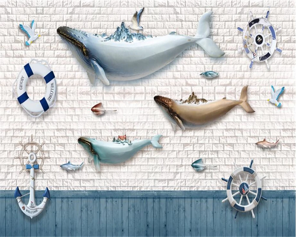 Custom Wallpaper Mediterranean European style  Dolphin brick pattern White Brick Background Wall 3d wallpaper