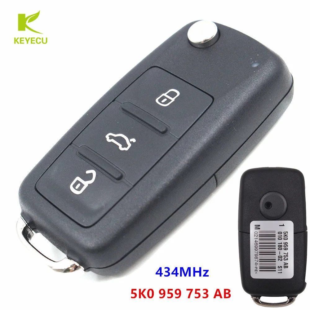 

KEYECU Replacement New Flip Remote Key Fob 3 Button 434MHz With ID48 Chip 5K0 959 753 AB for VW Volkswagen