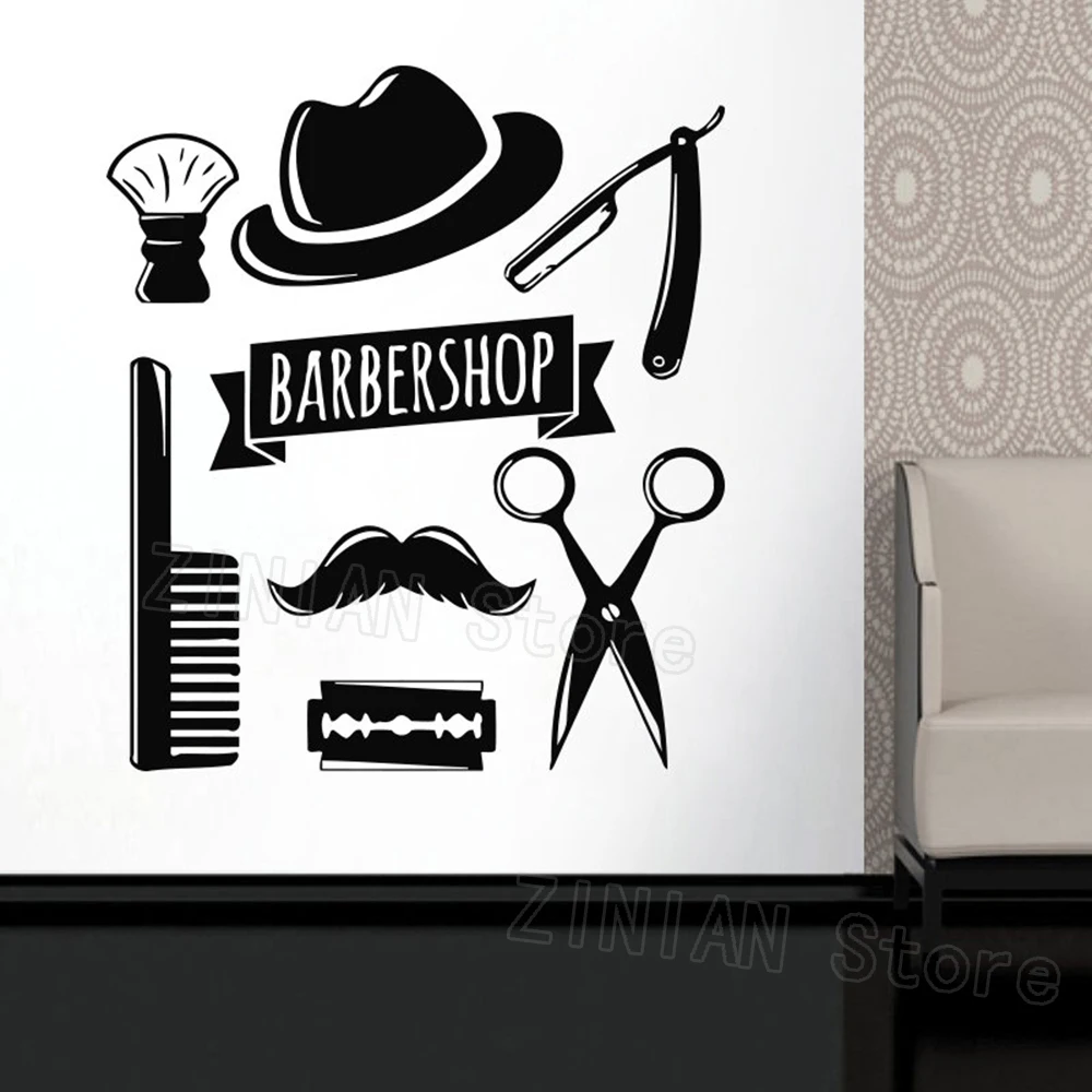 Wall Decal Window Sticker Beauty Salon Face Hair Salon Tools Hairstyle Style Hair Man Beard Barbershop Wall Sticker Razor Z376