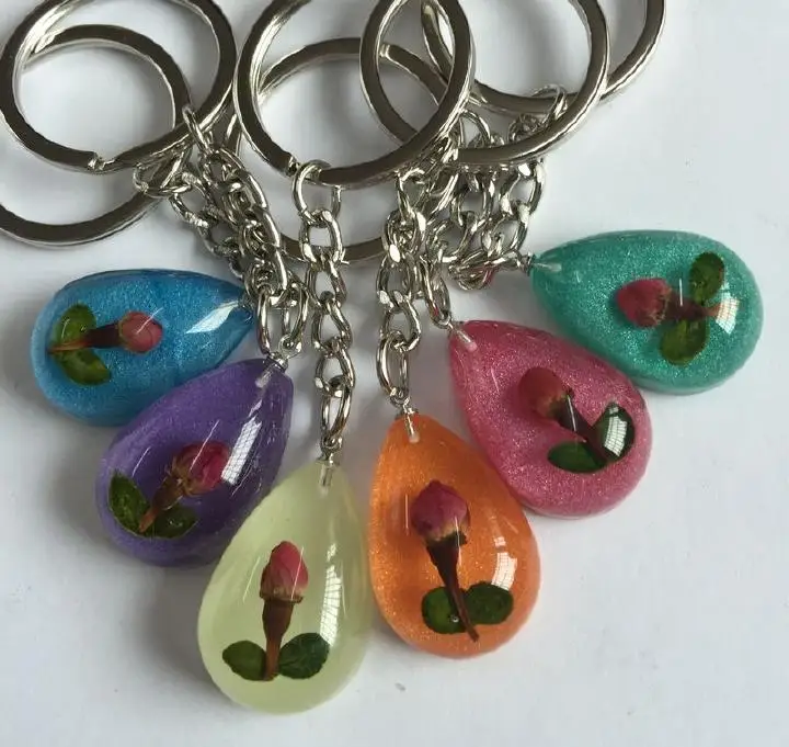 

6 PCS Festival gift charming mixed colorful real natural Rosebud Keychain Valentines