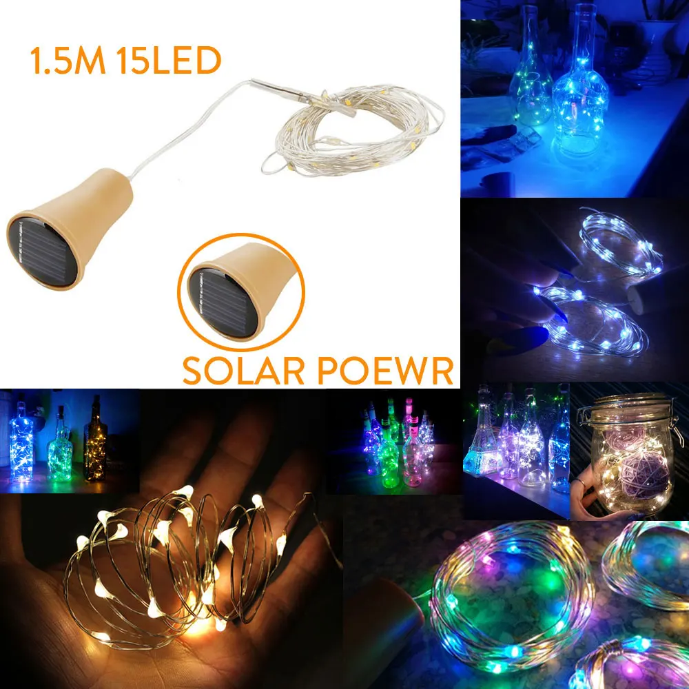 1.5M 15LED Solar Cork Wine Bottle Stopper Copper Wire String Lights Fairy Lamps Outdoor Party Wedding Decor Home decoration