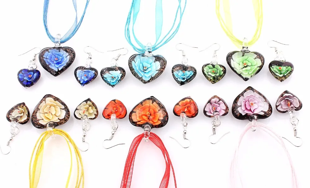 Wholesale 6Sets Murano Lampwork Glass Charm Heart Sets For Womens Jewelry Hot Style