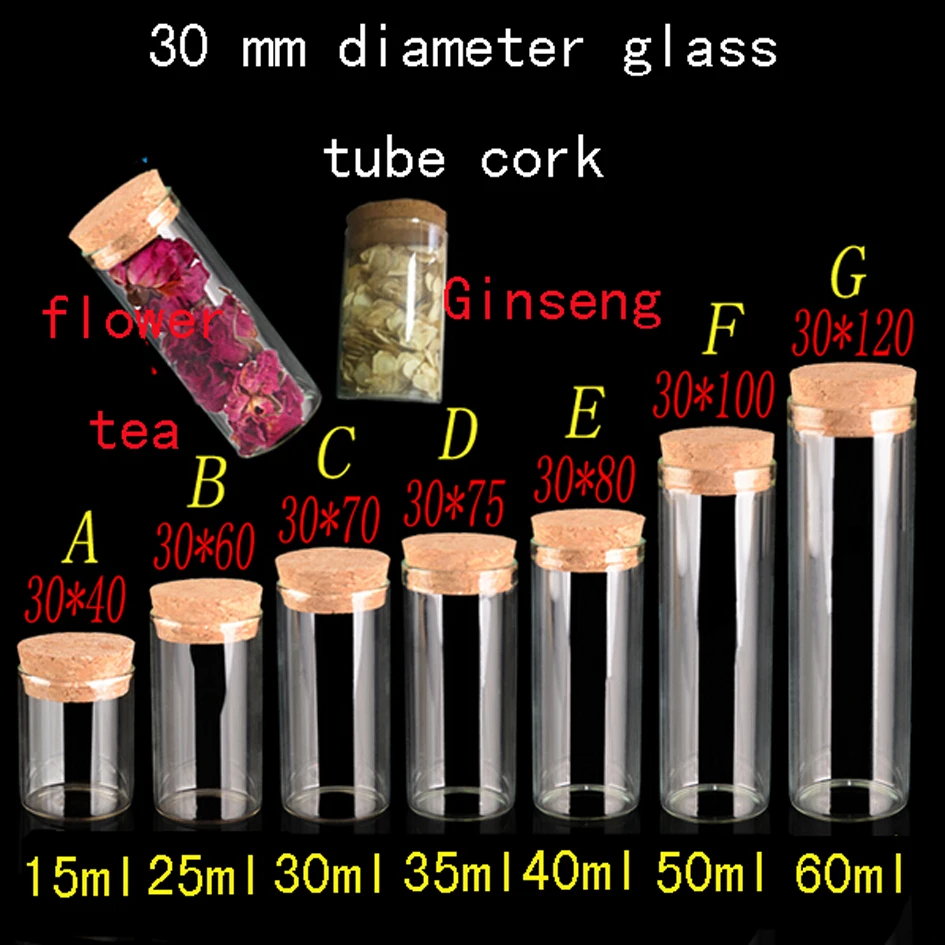 diameter 30mm 15ml 25ml 30ml 40ml 50ml 60ml gift glass Vials Test Tube With Cork flat bottom Transparent Lab Empty Tubes