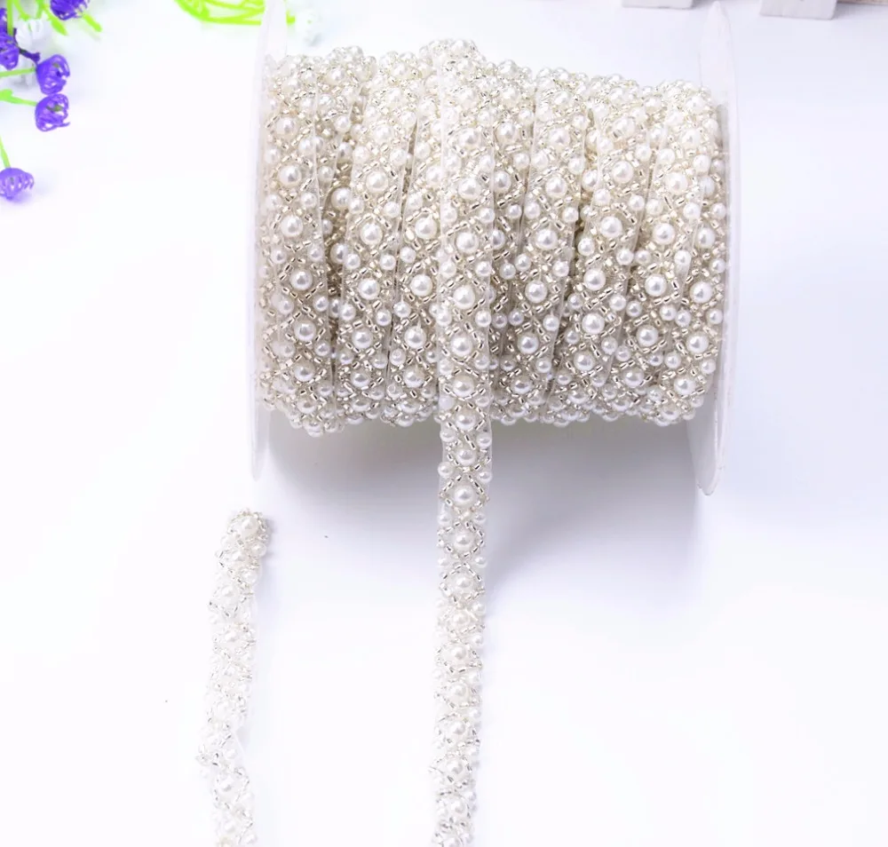 5Yards/Lot Fashion Beaded Lace Trims Handmade Pearl Mesh Applique Diy Wedding Dress Shoes Crafts Garments Decorations Appliques