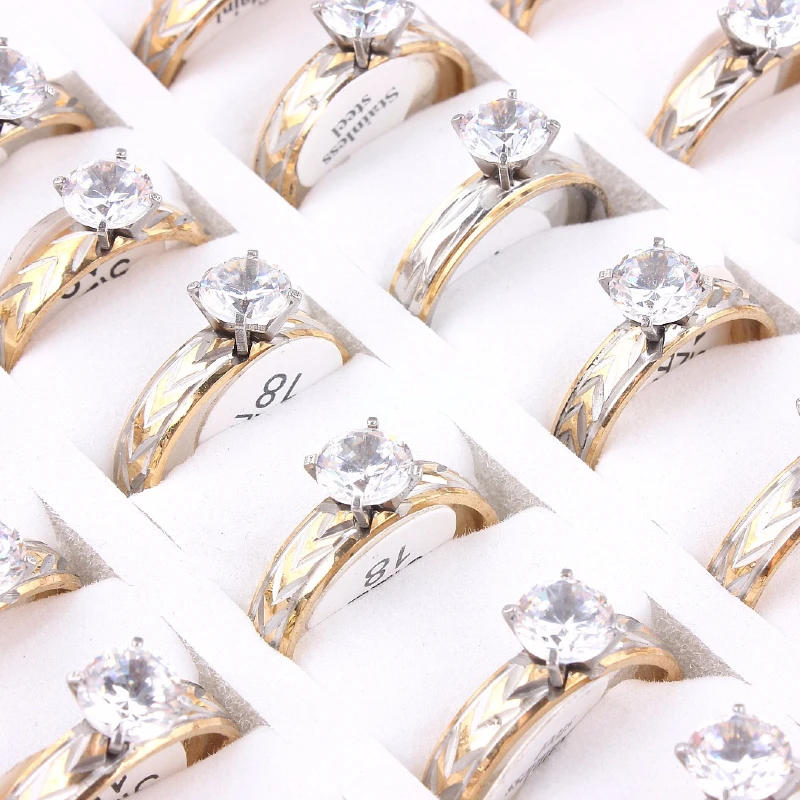 QianBei Charm Crystal Rhinestones Wedding Gold Silver Ring Women Fashion Stainless Steel CZ Rings Jewely Wholesale 5pcs